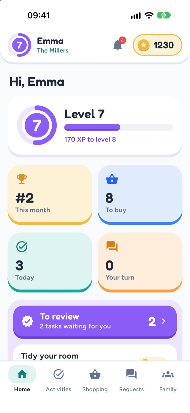 FairHome home screen with today’s chores, level and FairCoins