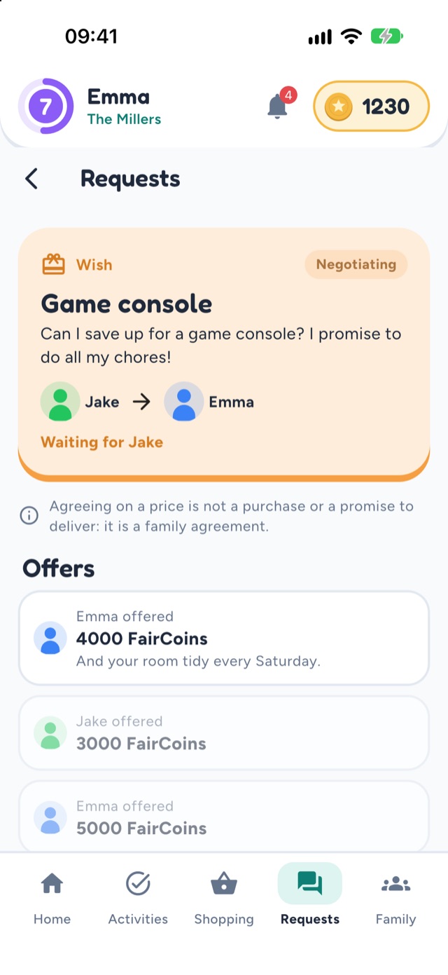 Negotiating a reward in FairCoins in FairHome