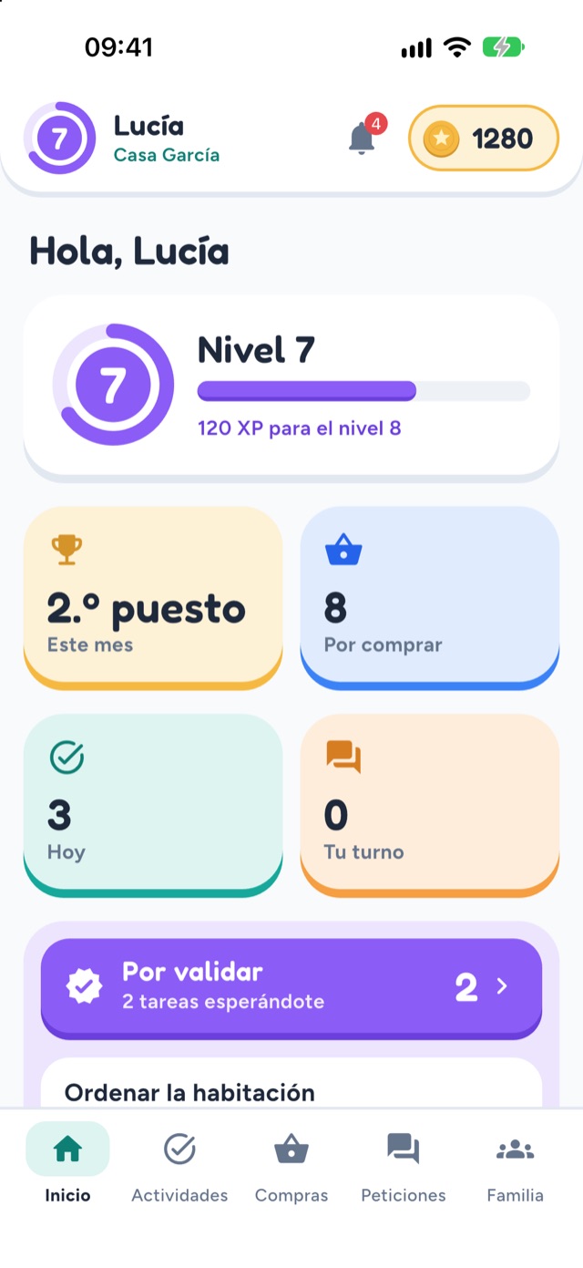 Pantalla de inicio de FairHome con las tareas de hoy, el nivel y las FairCoins