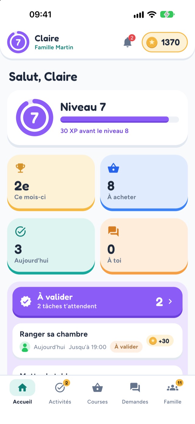 Écran d’accueil de FairHome avec les tâches du jour, le niveau et les FairCoins