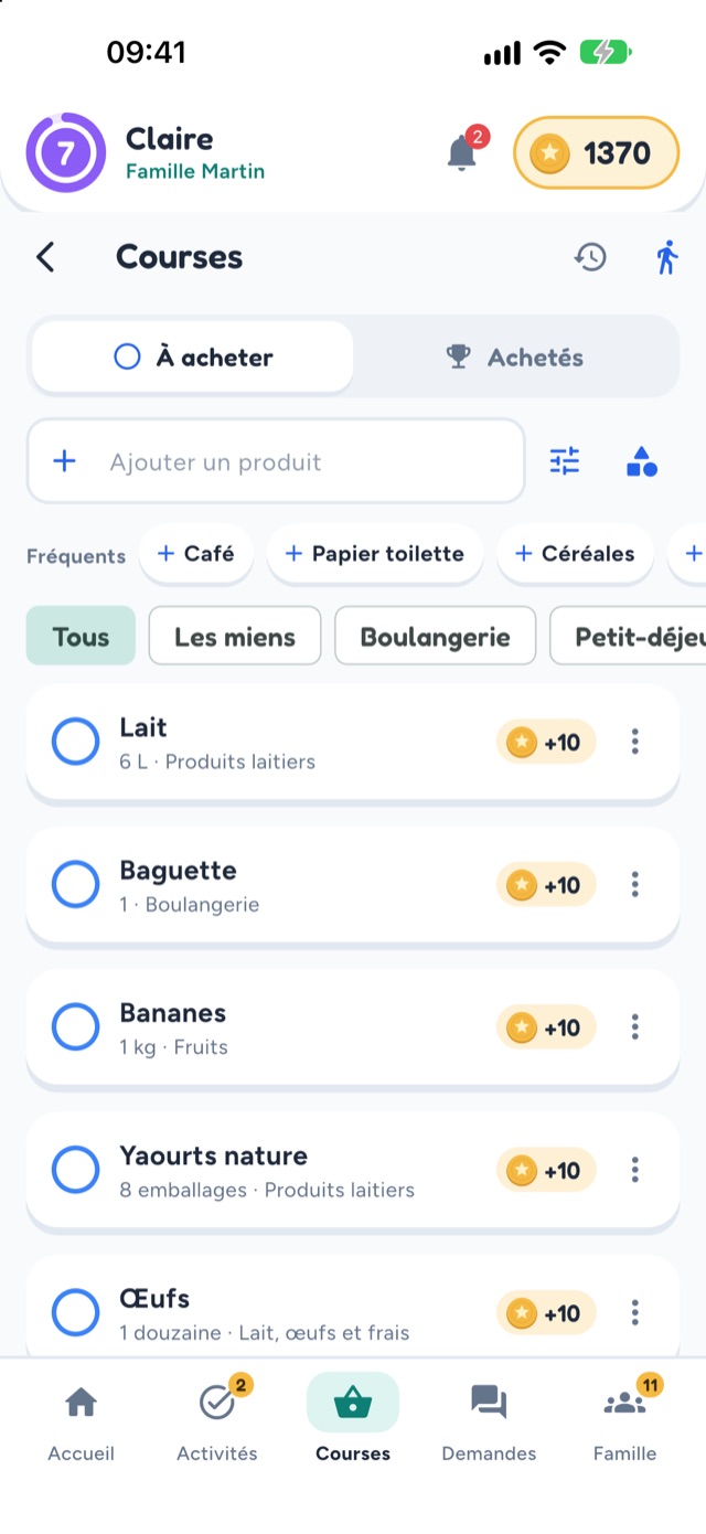 Liste de courses partagée dans FairHome