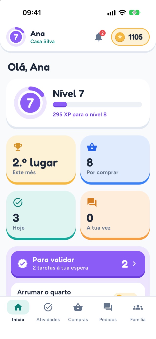 Ecrã inicial do FairHome com as tarefas de hoje, o nível e as FairCoins